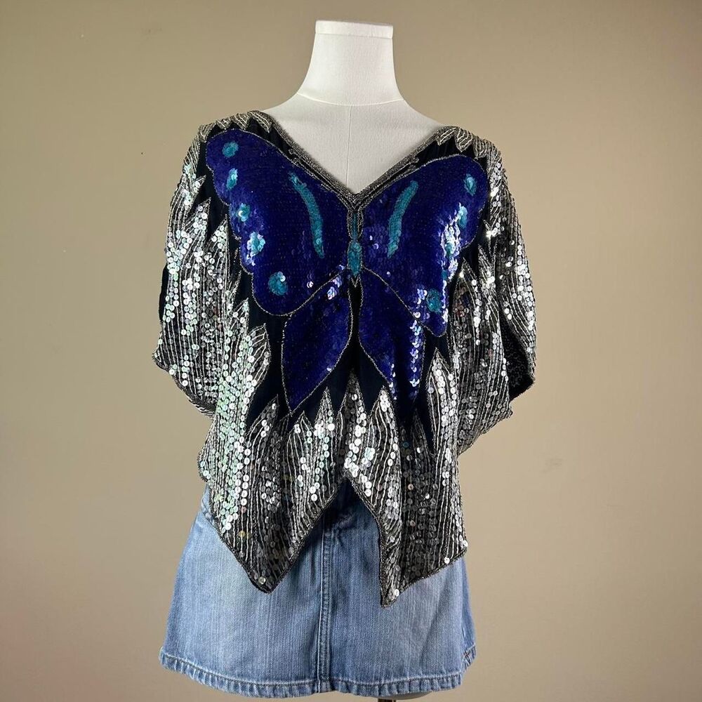 Beautiful Vintage Whimsigoth Sequin Butterfly Cape/Poncho with Black Lining